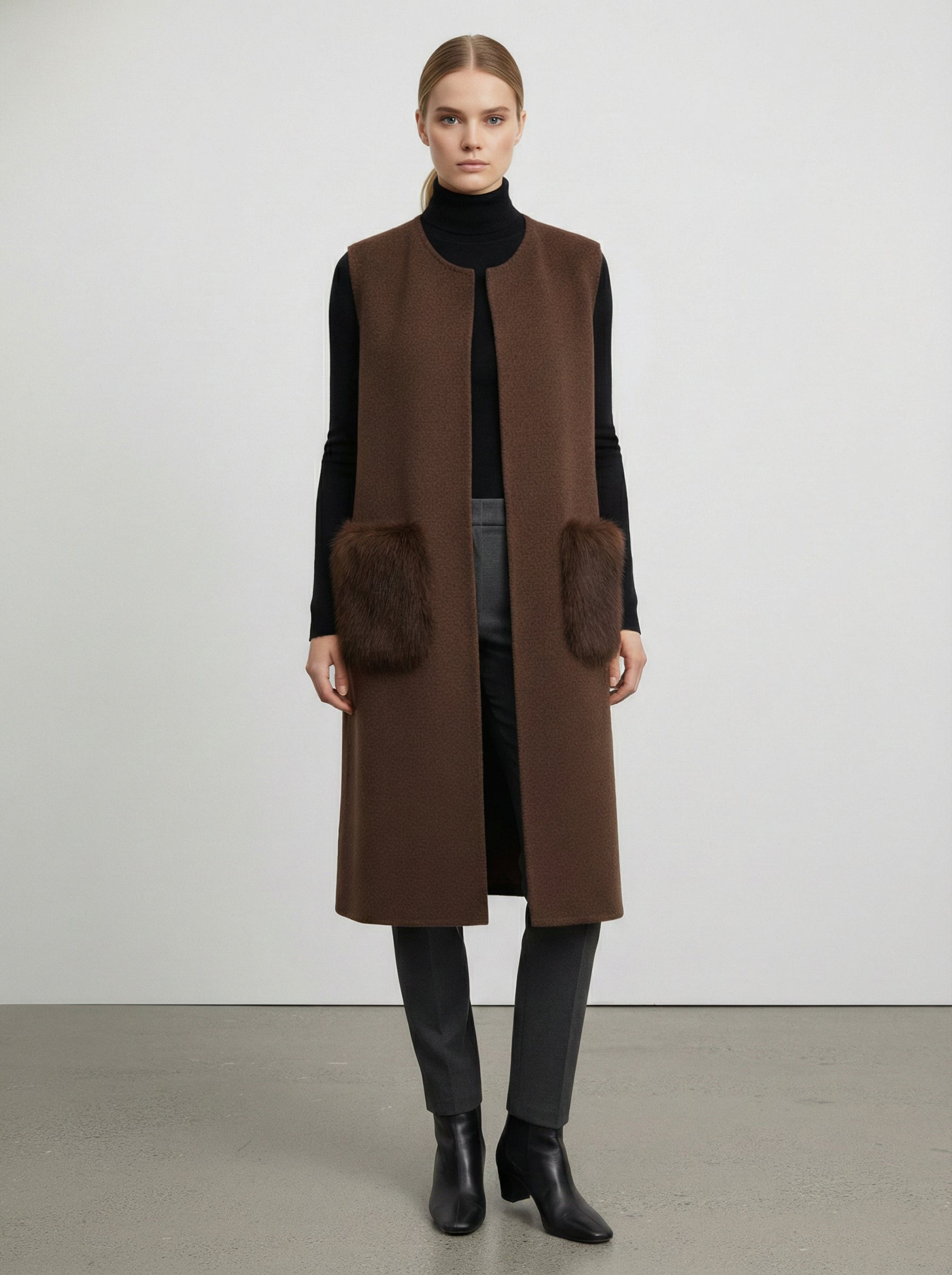 Cardigan smanicato con tasche in pelliccia