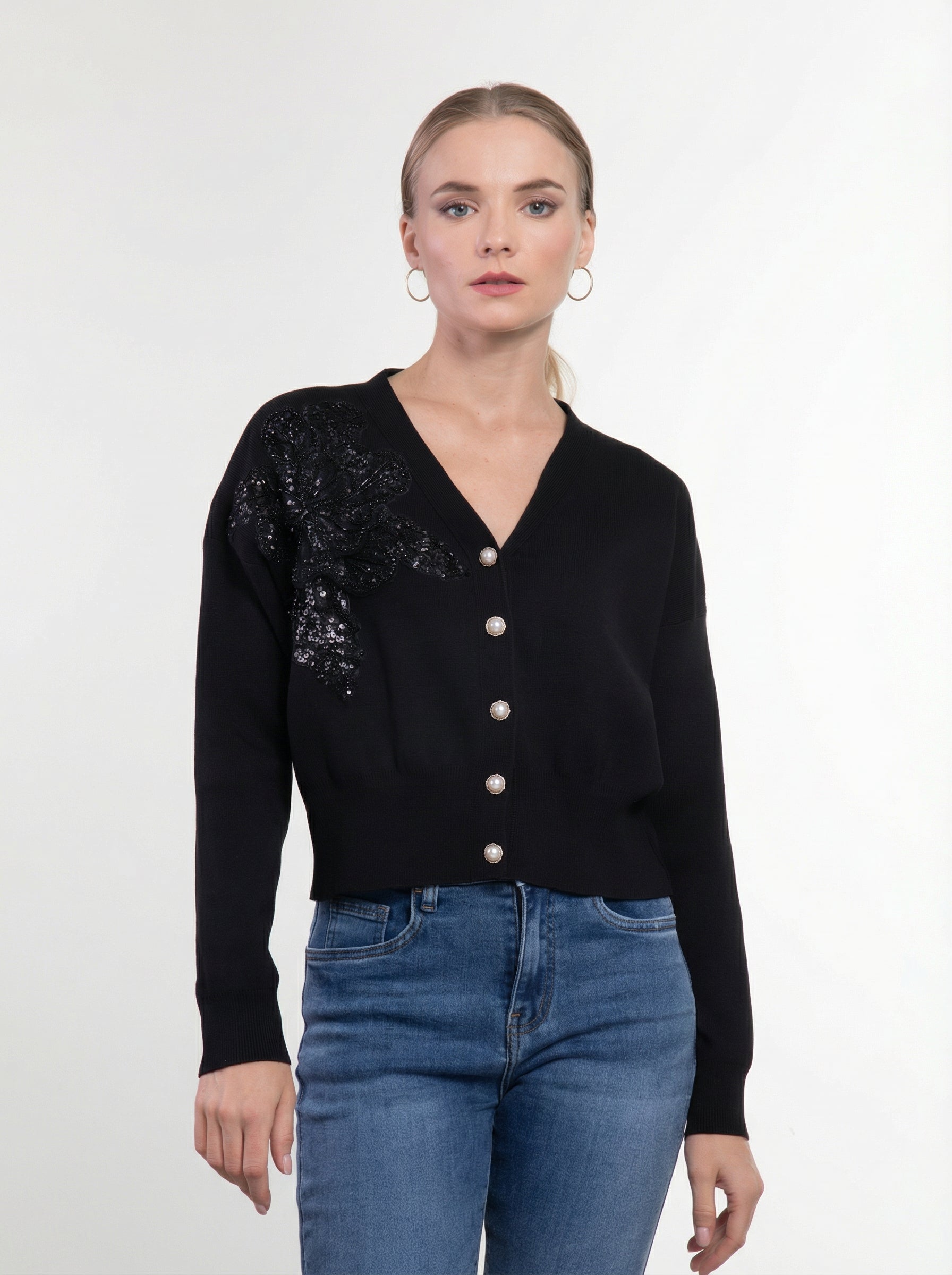 Cardigan con Fiore in Paillettes