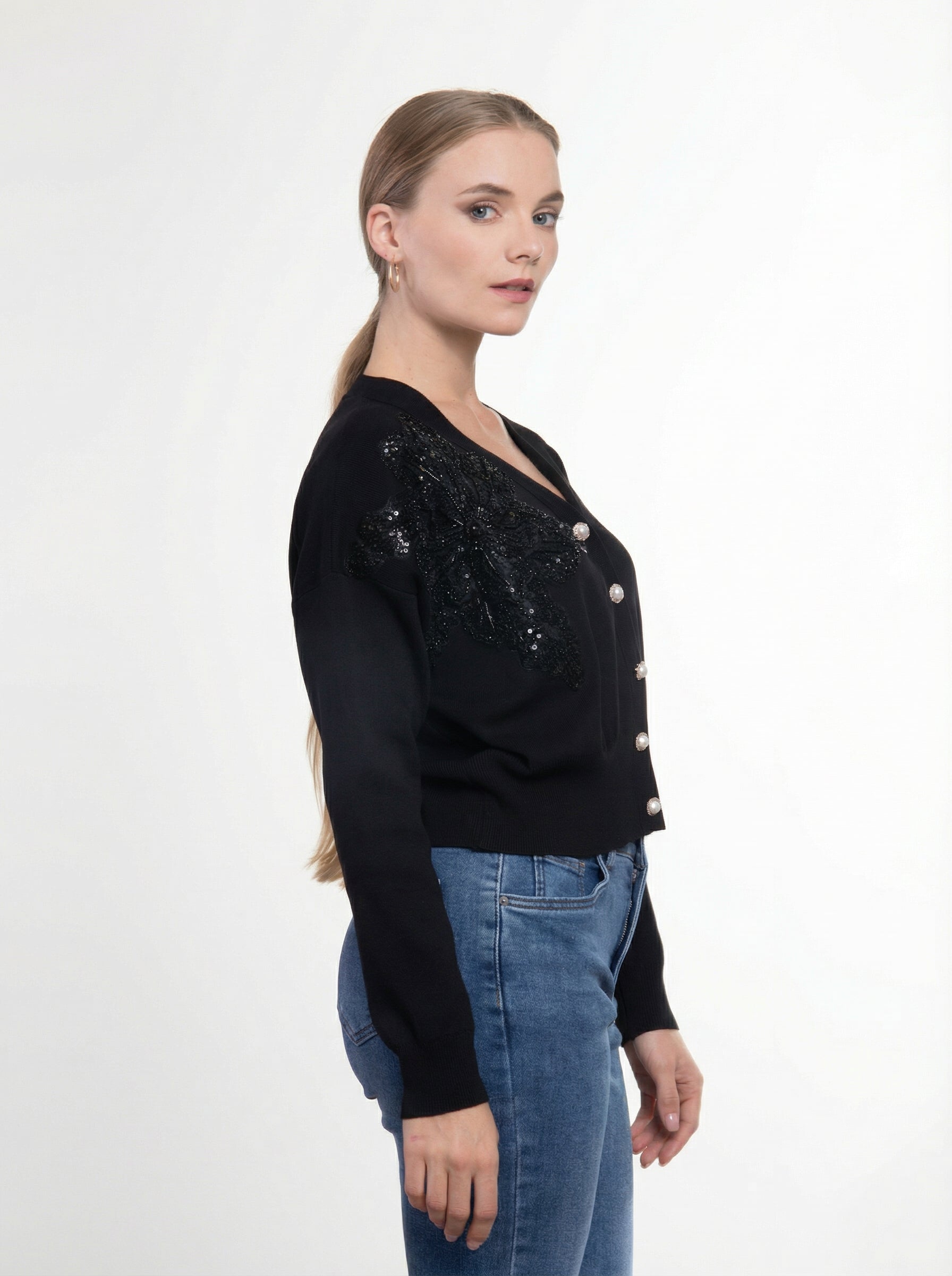 Cardigan con Fiore in Paillettes