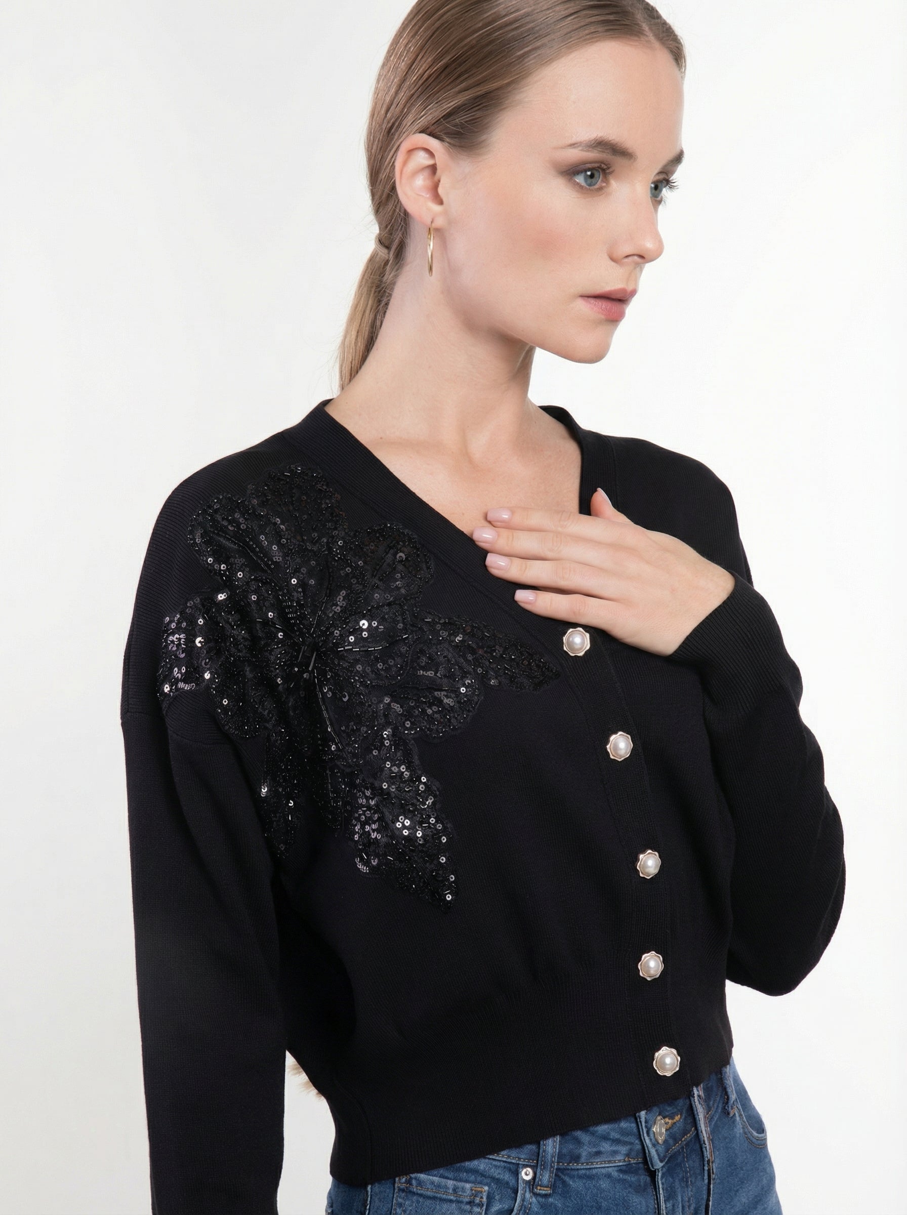 Cardigan con Fiore in Paillettes