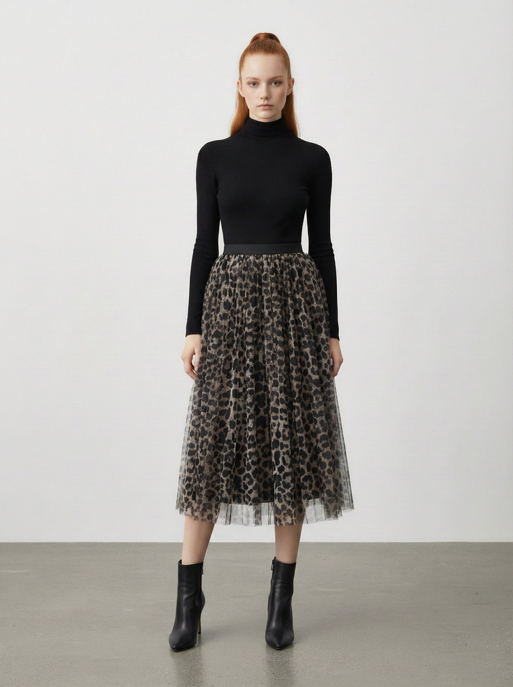 Gonna midi in tulle leopardato