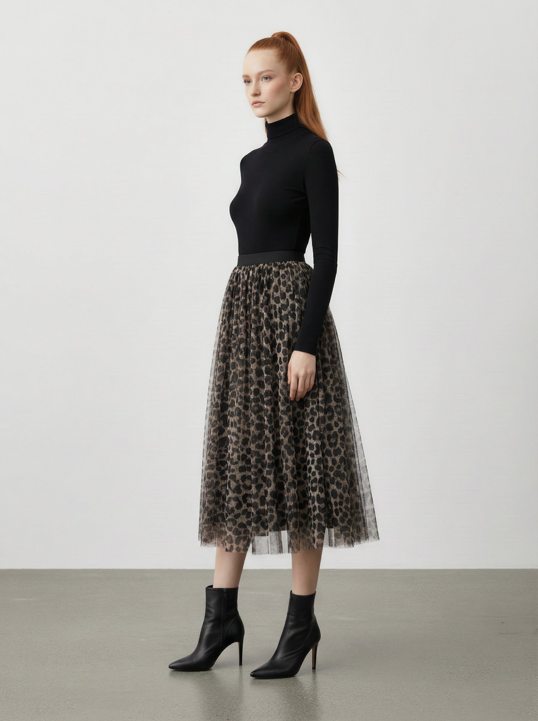 Gonna midi in tulle leopardato