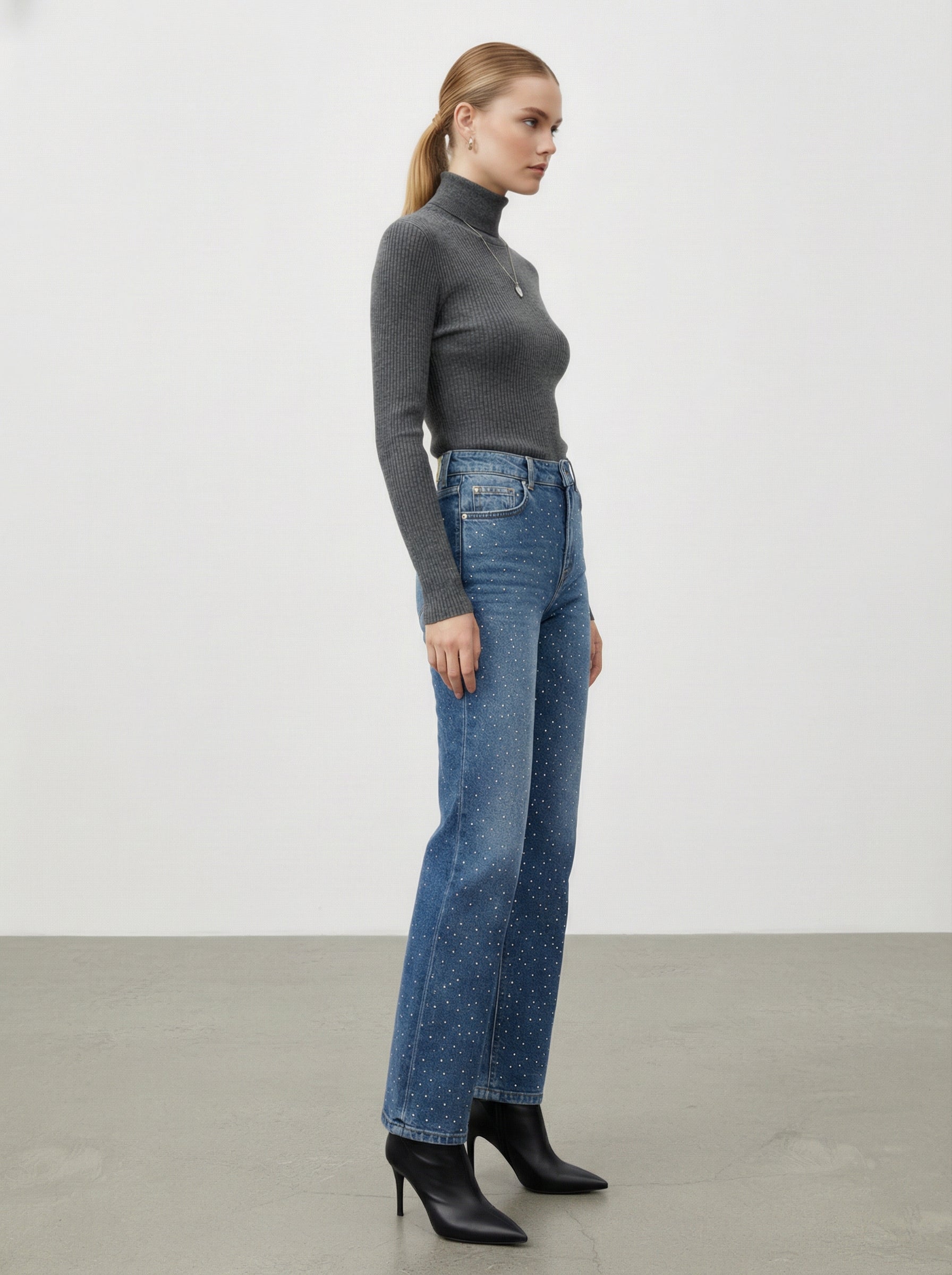 Jeans wide leg con strass